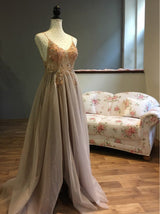 Sweetheart Crystal Prom Dresses Straps Spaghetti Tulle Evening Gown Split Side-Ballbella