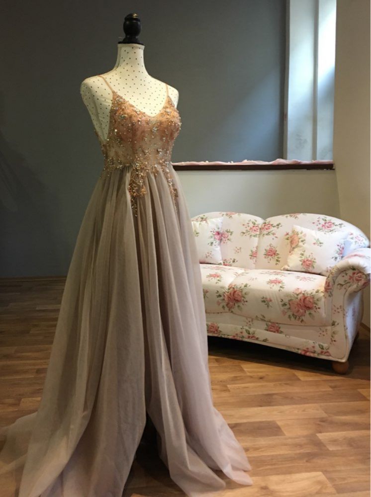 Sweetheart Crystal Prom Dresses Straps Spaghetti Tulle Evening Gown Split Side-Ballbella