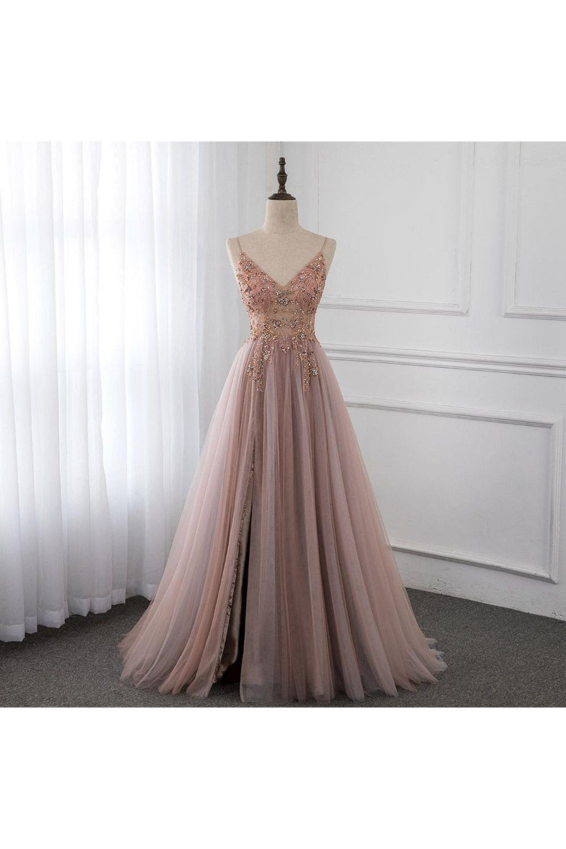 Sweetheart Crystal Prom Dresses Straps Spaghetti Tulle Evening Gown Split Side-Ballbella