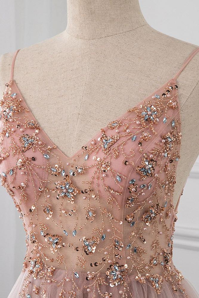 Sweetheart Crystal Prom Dresses Straps Spaghetti Tulle Evening Gown Split Side-Ballbella