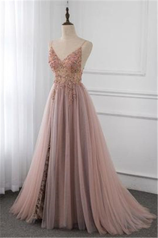Sweetheart Crystal Prom Dresses Straps Spaghetti Tulle Evening Gown Split Side-Ballbella