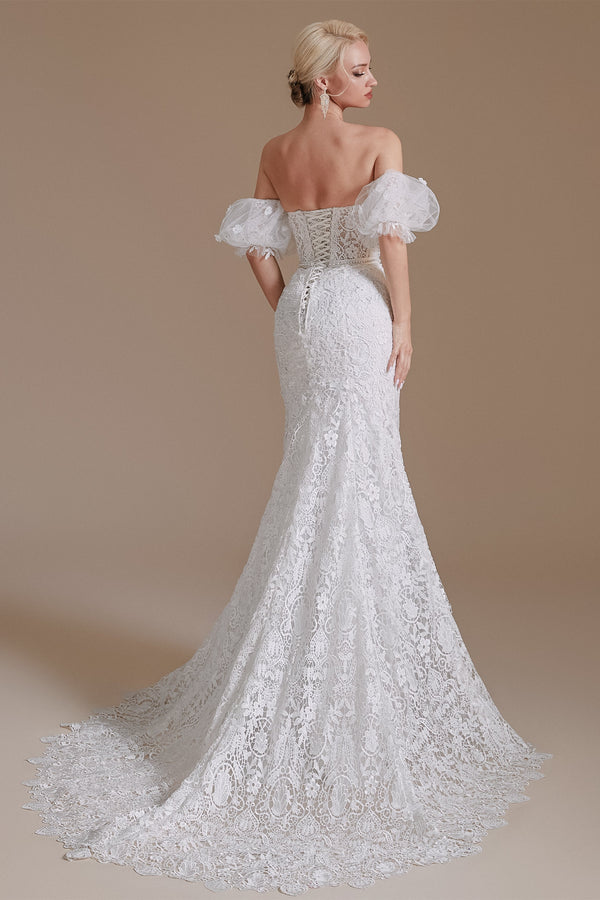 Sweetheart Detachable Bubble Sleeves Lace Mermaid Wedding Dress | Ballbella Design-Ballbella