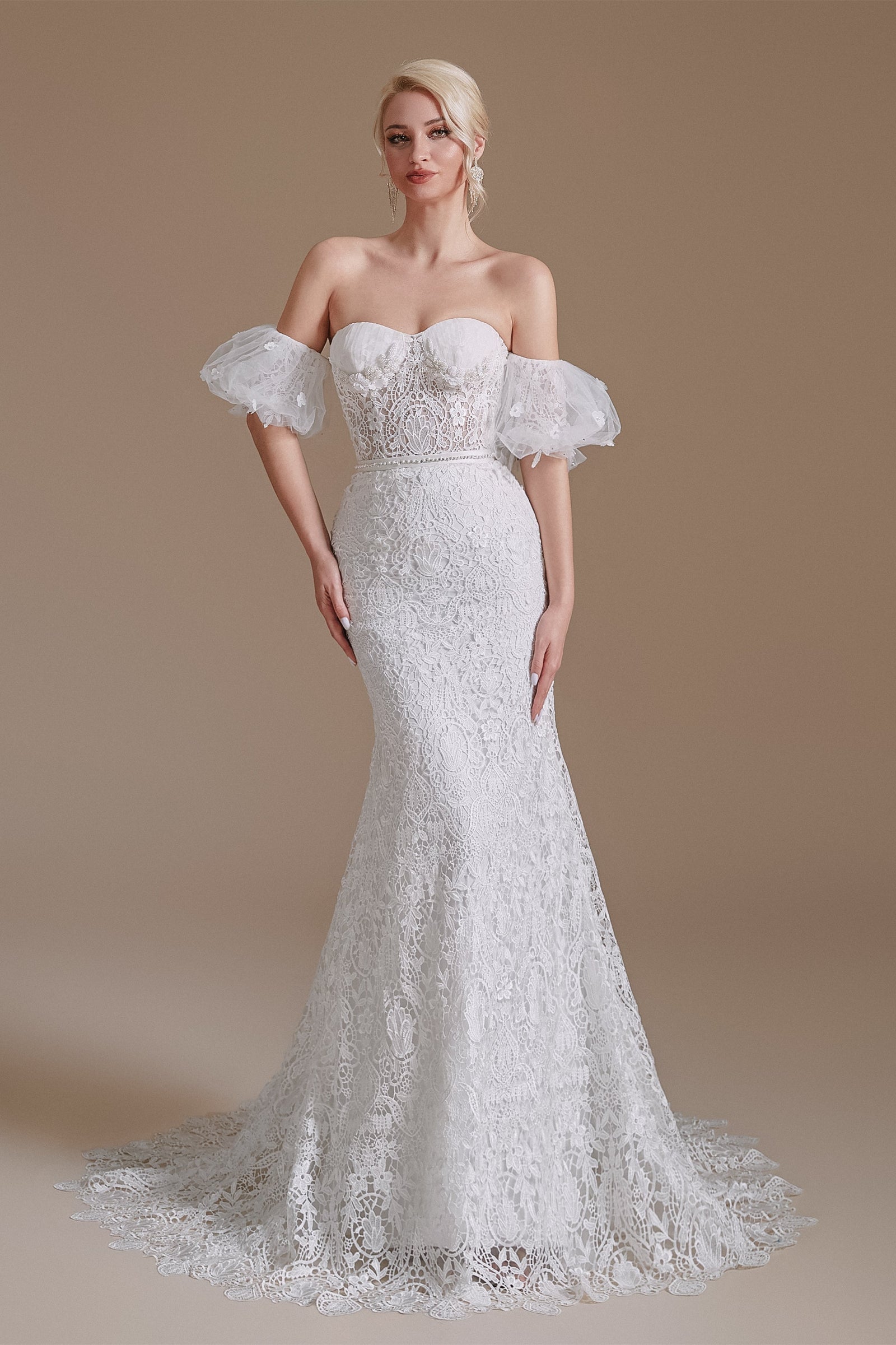 puff sleeve mermaid wedding dress Sweetheart Detachable Bubble Sleeves Lace Mermaid Wedding Dress