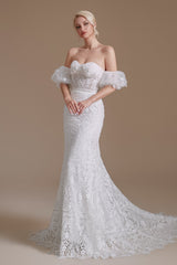 Sweetheart Detachable Bubble Sleeves Lace Mermaid Wedding Dress | Ballbella Design-Ballbella