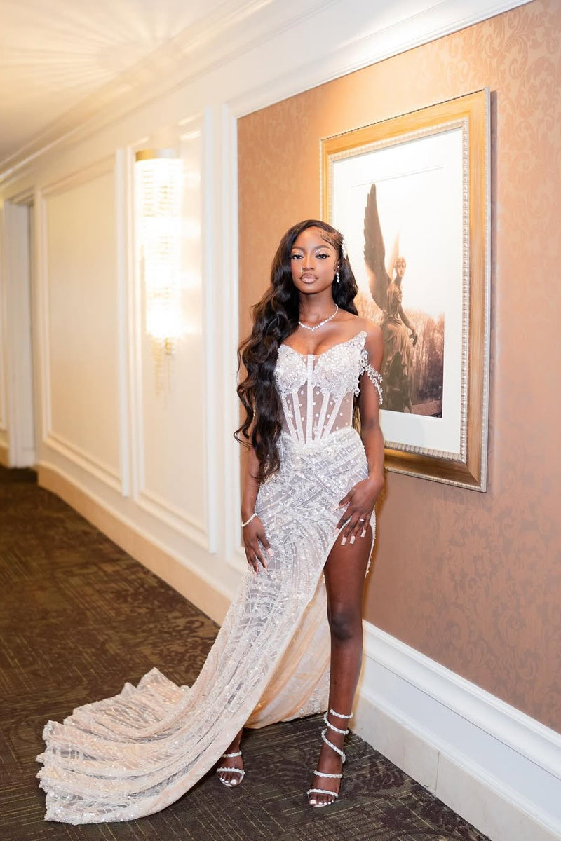 Sweetheart Ivory Mermaid High Split Court Train Sparkle Prom Dresses Sweetheart Ivory Mermaid High Split Court Train Sparkle Prom Dresses