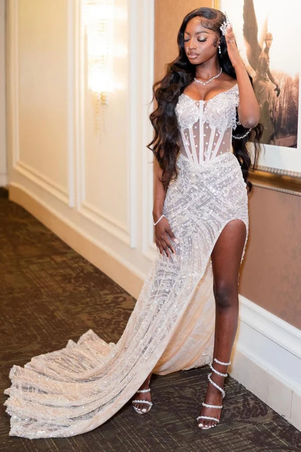 Sweetheart Ivory Mermaid High Split Court Train Sparkle Prom Dresses-Ballbella