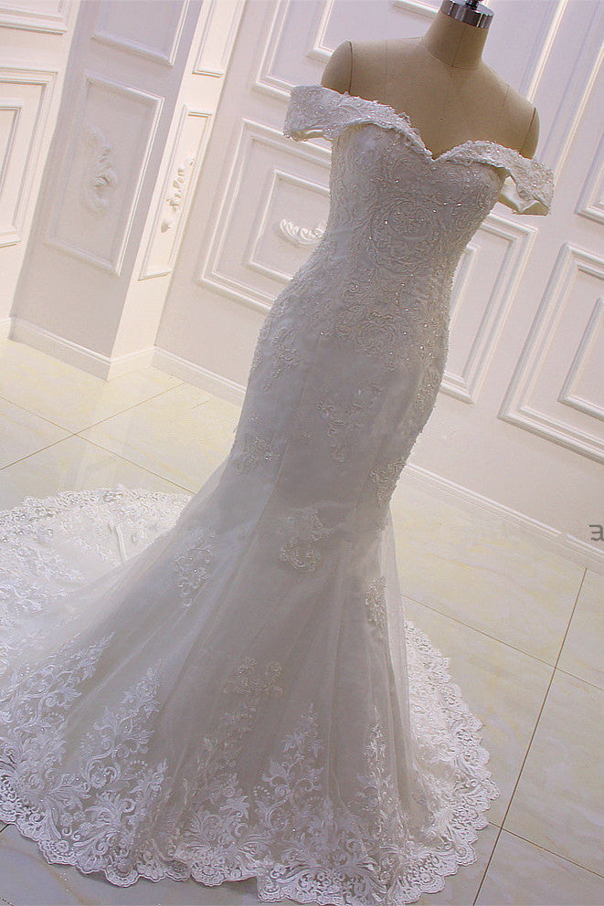 Sweetheart Lace Appliques Off the Shoulder Detachable Train Wedding Dress-Ballbella