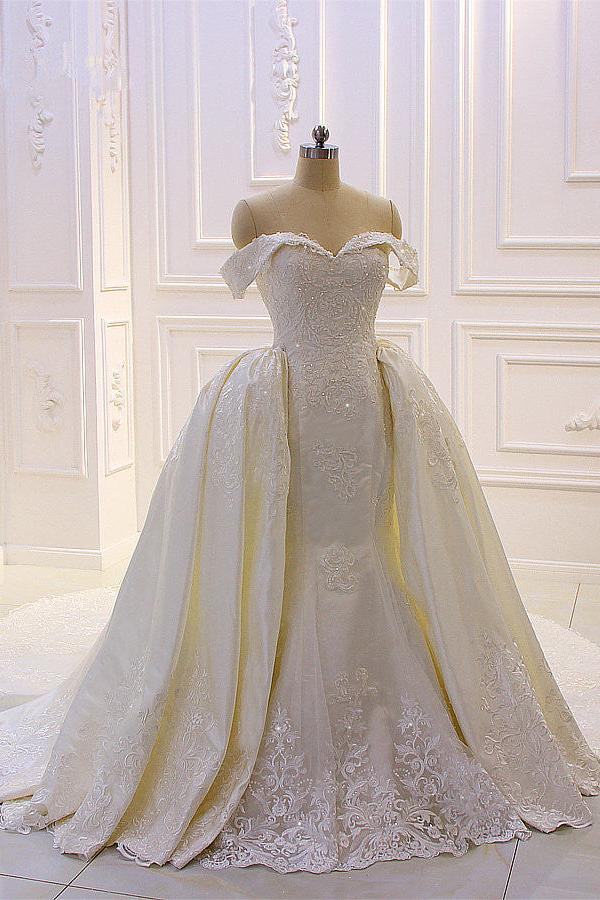 Sweetheart Lace Appliques Off the Shoulder Detachable Train Wedding Dress-Ballbella