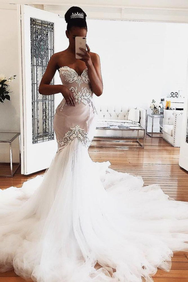 Sweetheart Lace Wedding Dresses Online Modern Sleeveless Mermaid Bridal Gowns-Ballbella