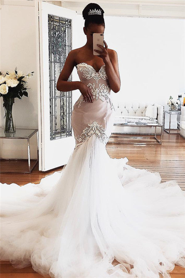 Sweetheart Lace Wedding Dresses Online Modern Sleeveless Mermaid Bridal Gowns-Ballbella
