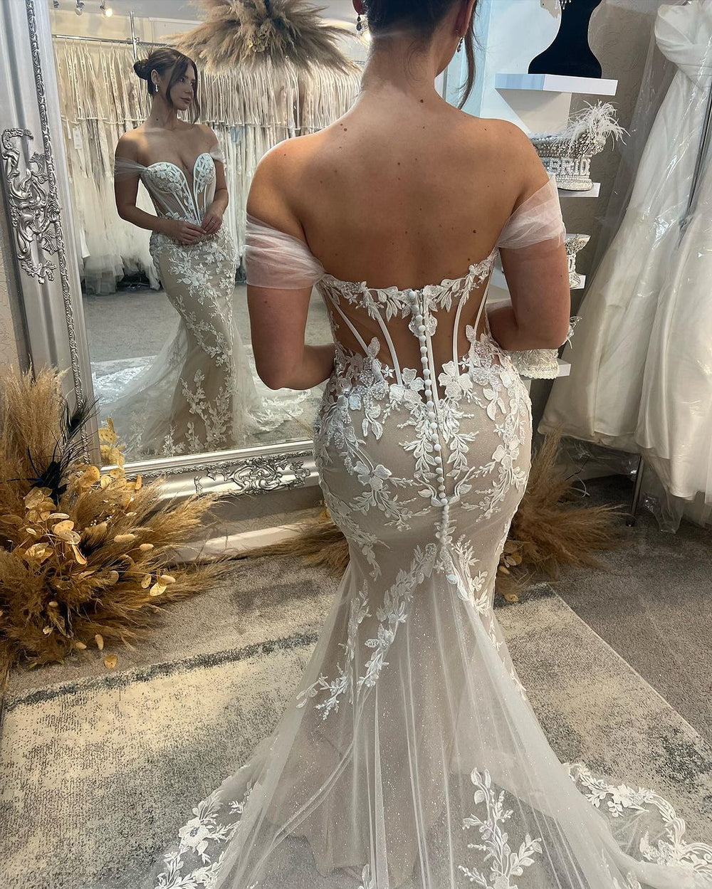cold shoulder glitter lace mermaid dress Sweetheart Long Off-the-shoulder Appliques Wedding Color:White Oak Rustic Boho Engagement Session evening galas BAS