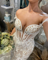 Sweetheart Long Mermaid Off-the-shoulder Glitter Appliques Wedding Dress-Ballbella