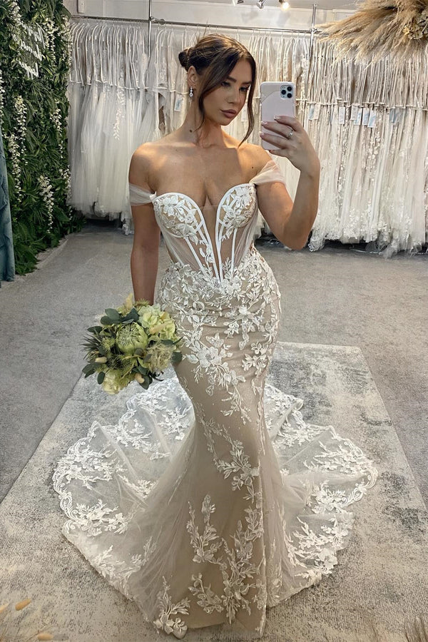 Sweetheart Long Mermaid Off-the-shoulder Glitter Appliques Wedding Dress-Ballbella