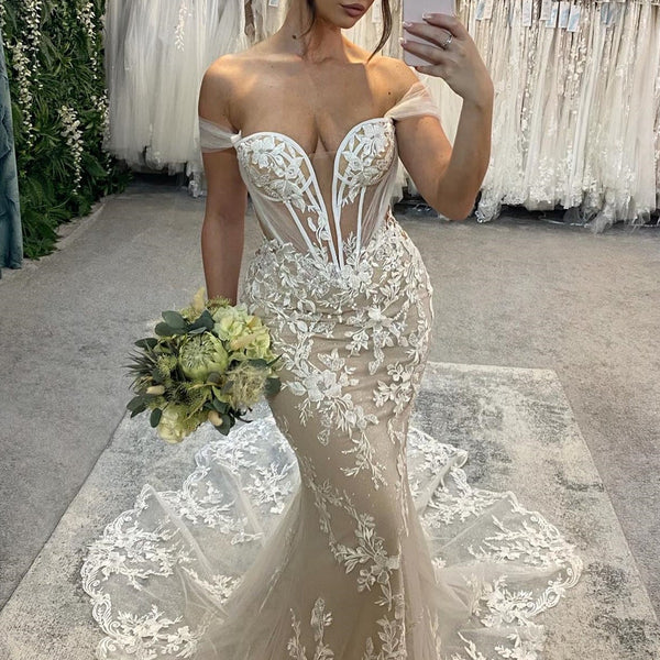 sweetheart off the shoulder mermaid wedding dress Sweetheart Long Mermaid Off-the-shoulder Glitter Appliques Wedding Dress
