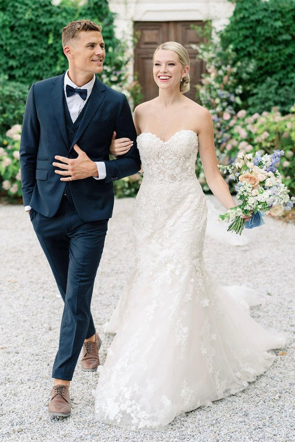 Sweetheart Mermaid Sleeveless Tulle Appliques Wedding Dresses Lace Appliques-Ballbella