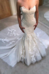 Sweetheart Mermaid Wedding Dress Online Modern Strapless Lace Bridal Gowns-Ballbella