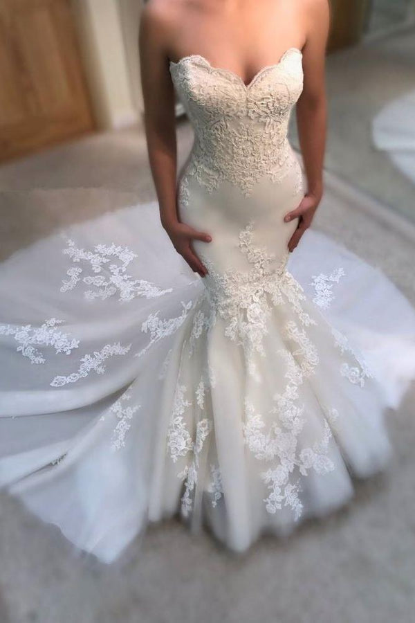 Sweetheart Mermaid Wedding Dress Online Modern Strapless Lace Bridal Gowns-Ballbella