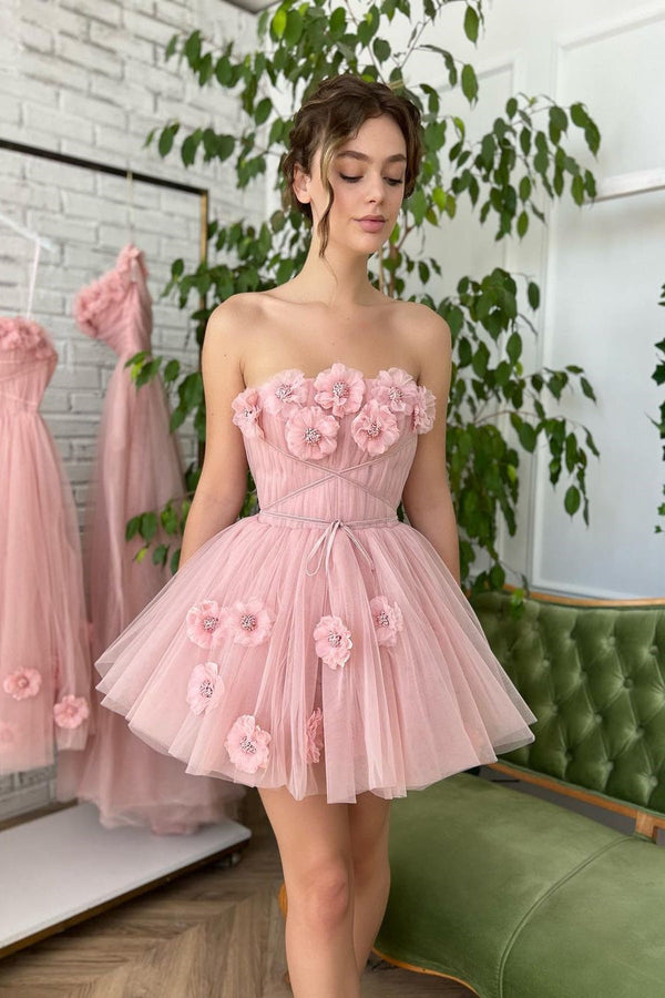Sweetheart Mini A-line Tulle Handmade Flower Sleeveless Homecoming Dress-Ballbella