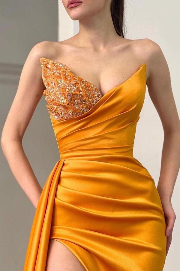 Sweetheart Orange Half-Beaded Long High Split Prom Dress with Half train-Ballbella