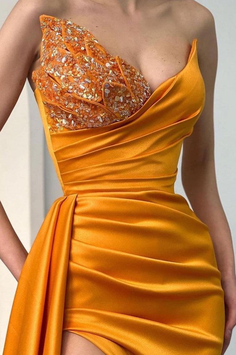 yellow and orange dress Sweetheart Orange Half-Beaded Long High Split Prom Dress with Half train