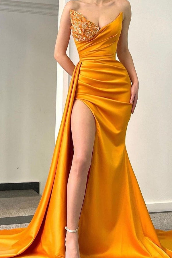 Sweetheart Orange Half-Beaded Long High Split Prom Dress with Half train-Ballbella