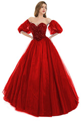 Sweetheart Royal Blue Bubble Sleeves Ball Gown Beaded Prom Dresses-Ballbella