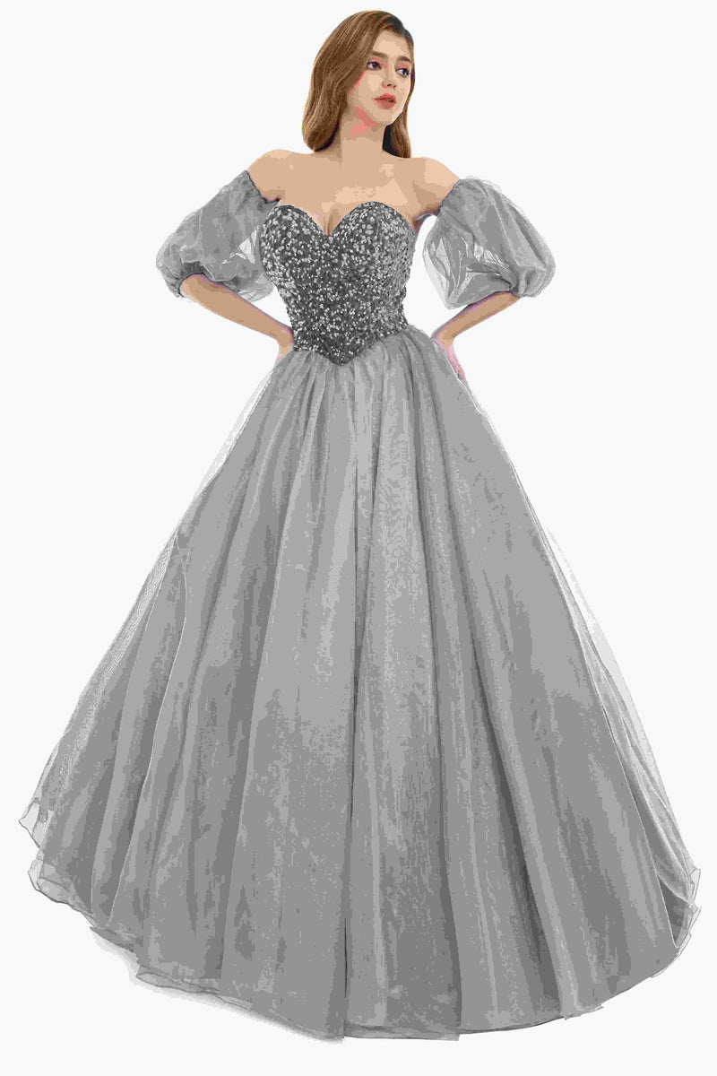 Sweetheart Royal Blue Bubble Sleeves Ball Gown Beaded Prom Dresses-Ballbella