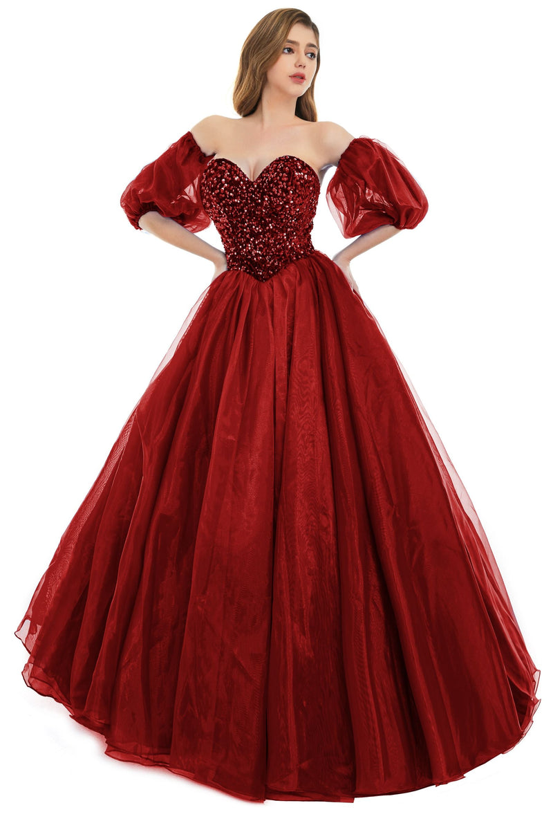 Sweetheart Royal Blue Bubble Sleeves Ball Gown Beaded Prom Dresses-Ballbella
