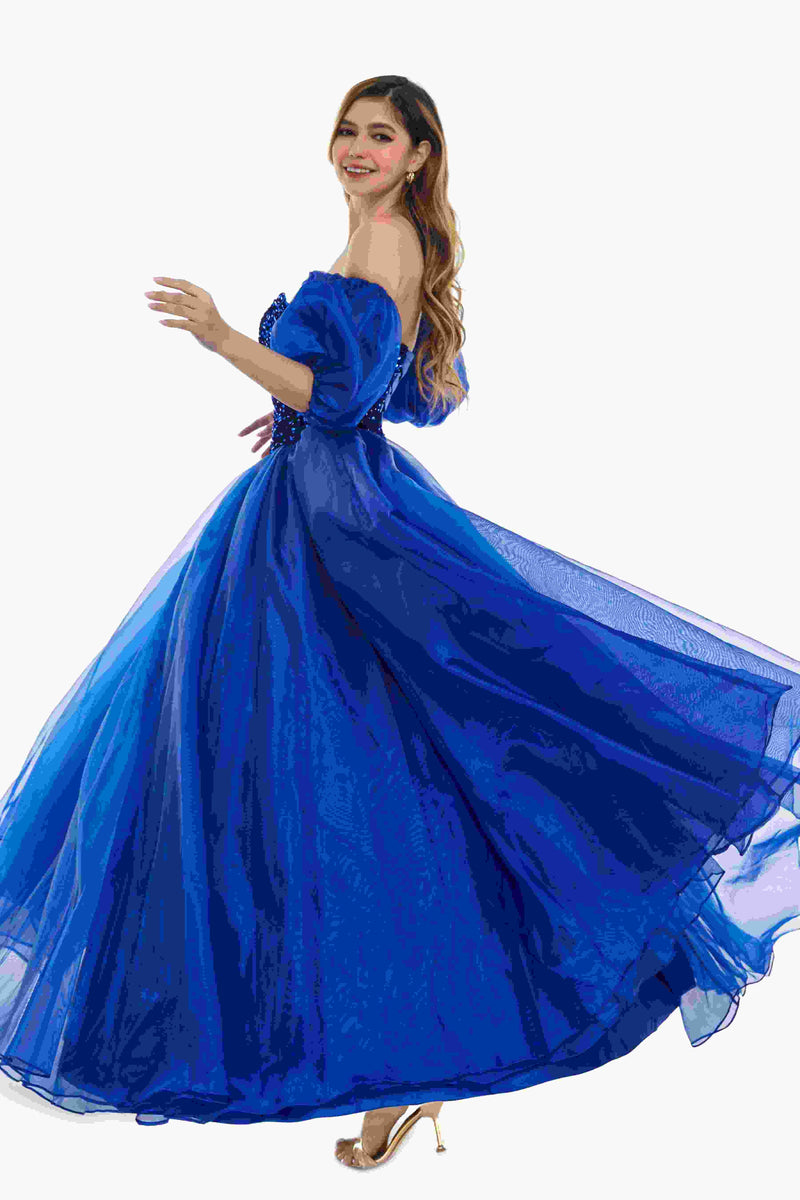 Sweetheart Royal Blue Bubble Sleeves Ball Gown Beaded Prom Dresses-Ballbella