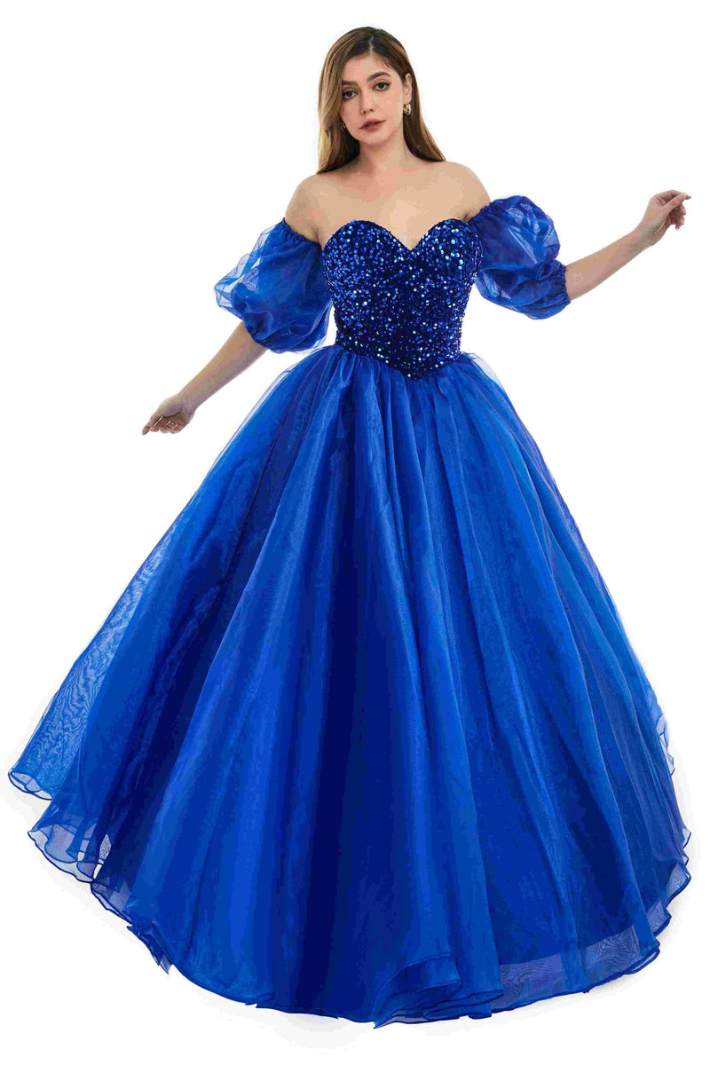 Sweetheart Royal Blue Bubble Sleeves Ball Gown Beaded Prom Dresses Sweetheart Royal Blue Bubble Sleeves Ball Gown Beaded Prom Dresses