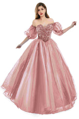 Sweetheart Royal Blue Bubble Sleeves Ball Gown Beaded Prom Dresses-Ballbella