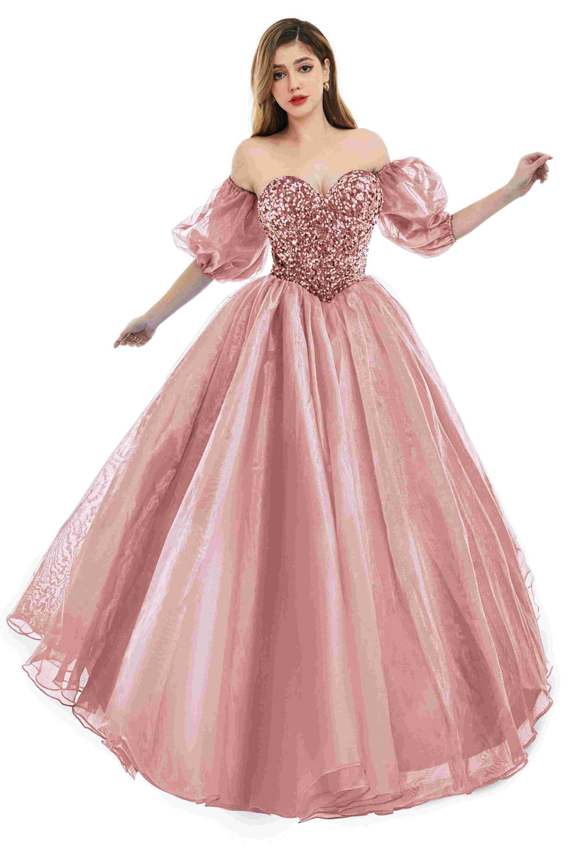 Sweetheart Royal Blue Bubble Sleeves Ball Gown Beaded Prom Dresses-Ballbella