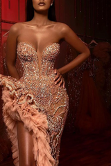 Sweetheart Ruffles Sparkle Beaded High Split Mermaid Prom Dresses-Ballbella