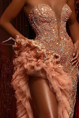 Sweetheart Ruffles Sparkle Beaded High Split Mermaid Prom Dresses-Ballbella