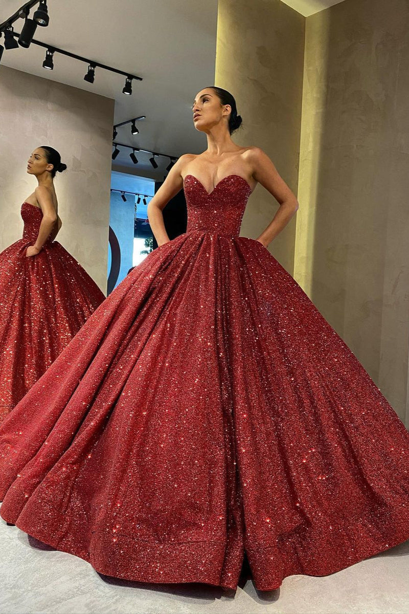 Sweetheart Sexy Ball Gown Prom Dress Sequins Red Long-Ballbella