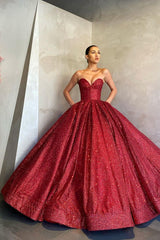 Sweetheart Sexy Ball Gown Prom Dress Sequins Red Long-Ballbella