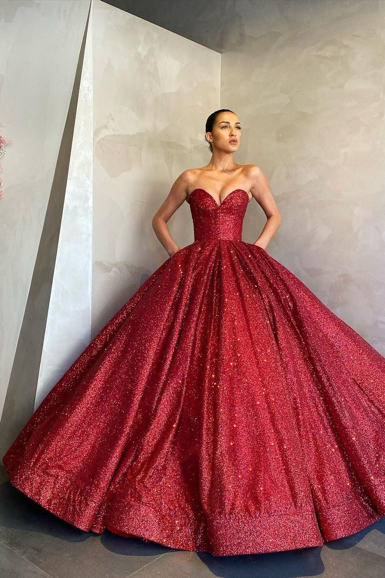 Sweetheart Sexy Ball Gown Prom Dress Sequins Red Long-Ballbella