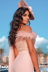 Sweetheart Sheath Sleeveless Slim Jumpsuit Beaded Feather Floor Length with Cape-Ballbella