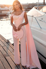 Sweetheart Sheath Sleeveless Slim Jumpsuit Beaded Feather Floor Length with Cape-Ballbella
