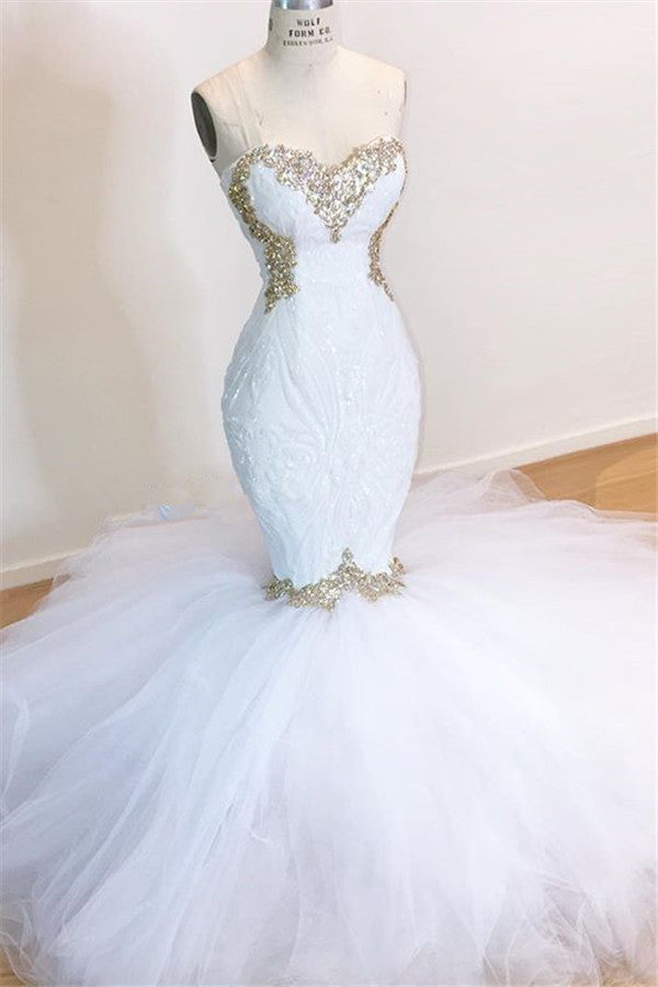 Looking for a perfect dress for big day? We meet all your need with this Classic Sweetheart Sleeveless Lace Sequins Mermaid Wedding Bridal Gowns.