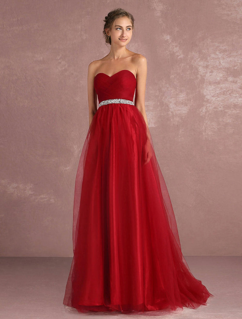 Red Evening Dresses  Long Strapless Backless Tulle Evening Dress Sweetheart Sleeveless Rhinestones Sash A Line Party Dress With Train wedding guest dress