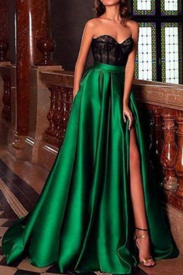Sweetheart Sleeveless Satin Floor length Evening Gown Side Slit-Ballbella