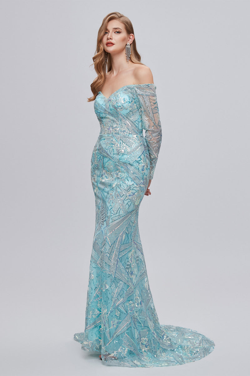 Sweetheart Strapless Lace Sequined Floor-length Long Sleeve Open Back Mermaid Prom Dress-Ballbella