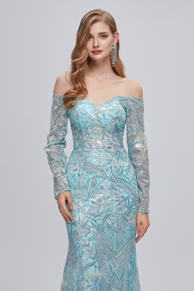 Sweetheart Strapless Lace Sequined Floor-length Long Sleeve Open Back Mermaid Prom Dress-Ballbella