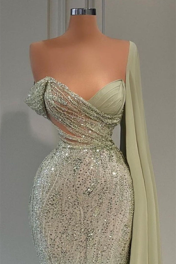 Sweetheart Strapless One Shoulder Sequined Floor-length Mermaid Prom dress-Ballbella