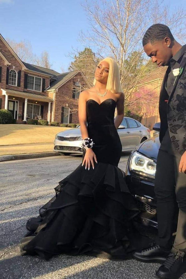Sweetheart Strapless Ruffled Tulle Black Mermaid Prom Dresses Sweetheart Strapless Ruffled Tulle Black Mermaid Prom Dresses