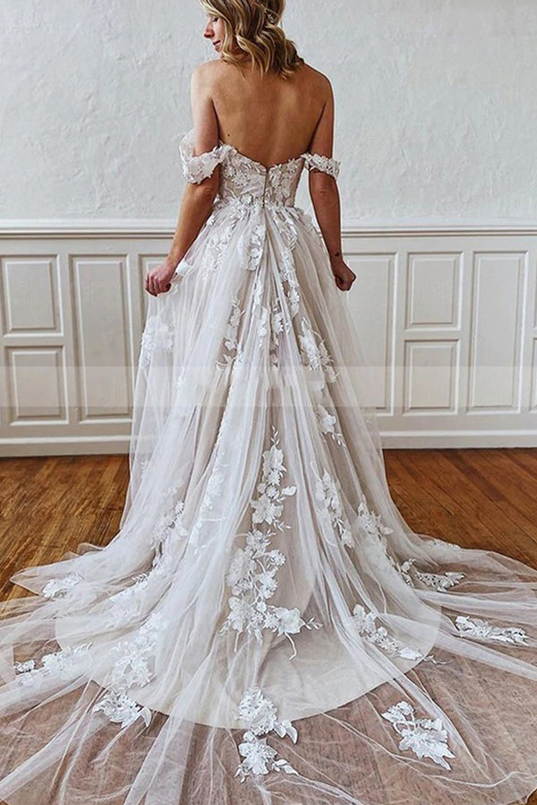 Sweetheart Straps 3D Floral Lace Aline Wedding Dress-Ballbella