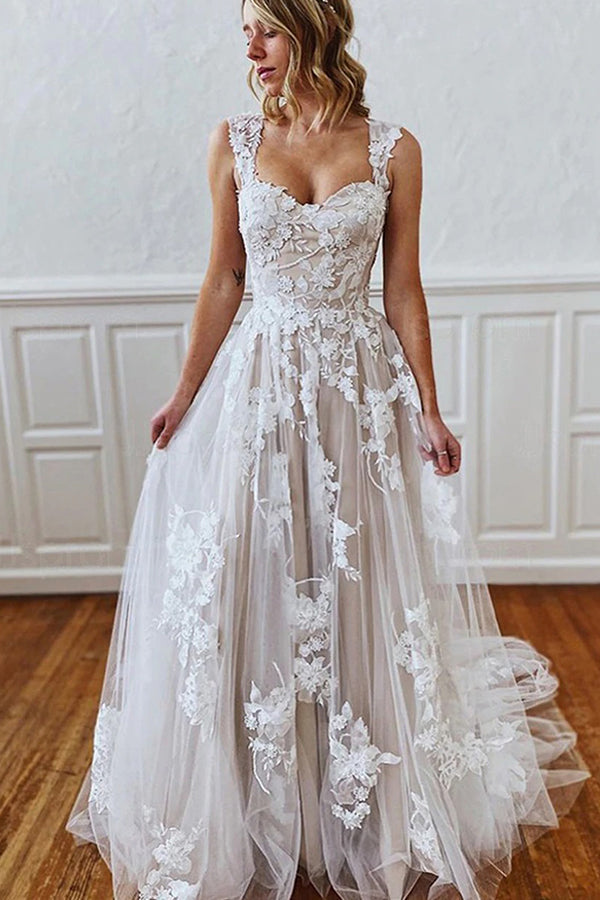 Sweetheart Straps 3D Floral Lace Aline Wedding Dress-Ballbella