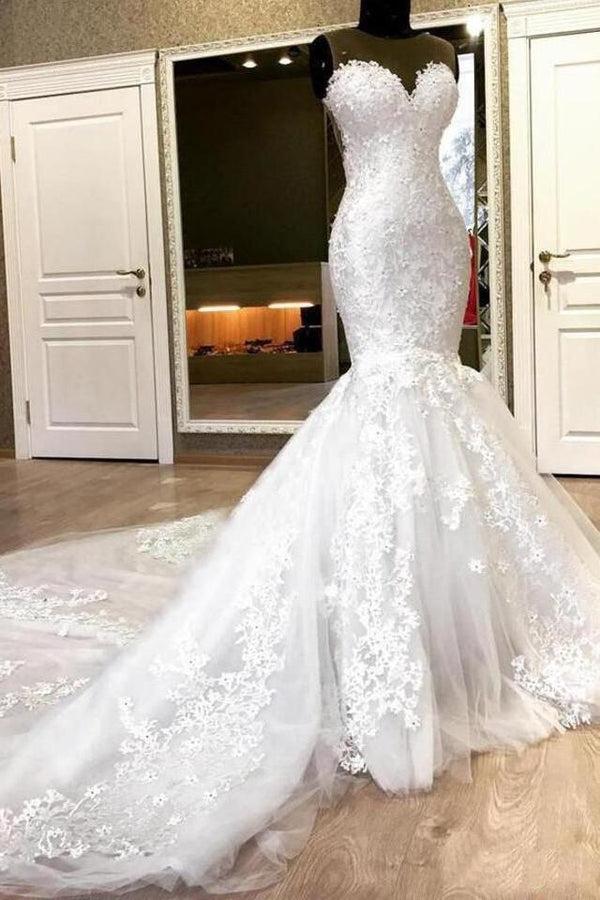 Sweetheart White Illusion neck Mermaid Beaded Lace Wedding Dress Sweetheart White Illusion neck Mermaid Beaded Lace Wedding Dress