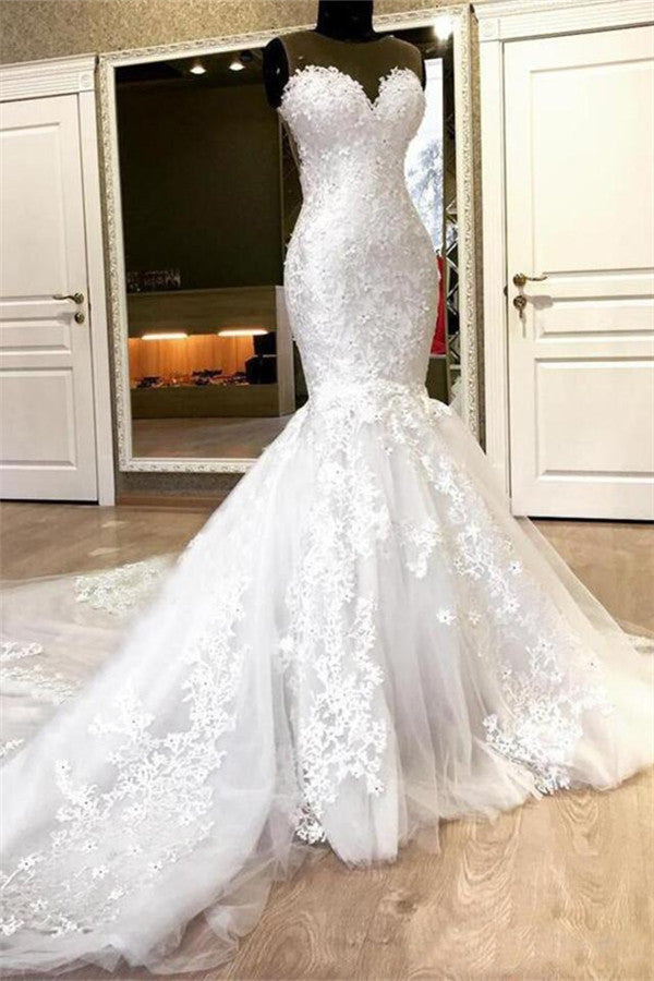 Ballbella offers Sweetheart White Illusion neck Mermaid Beaded Lace Wedding Dress online at an affordable price from Tulle to Mermaid skirts. Shop for Amazing Sleeveless wedding collections for your big day.